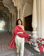 Ivory Cosmo Tissue Handwork Buti Kurta Set with Contrast Tissue Dupatta