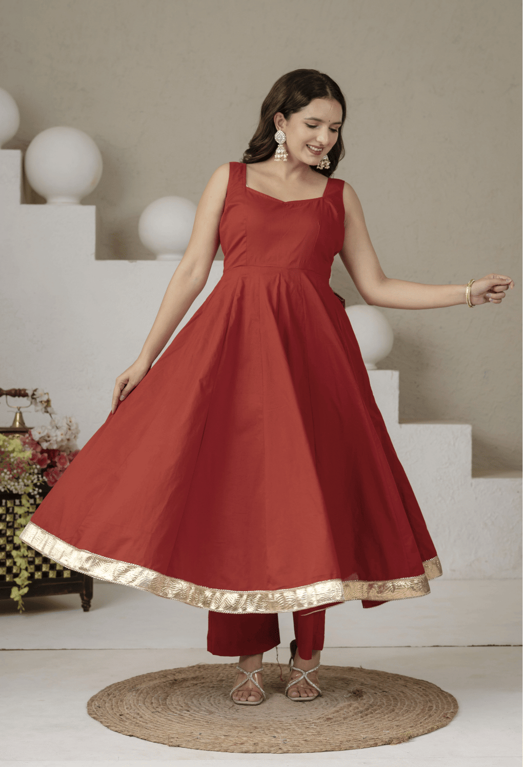 Noor Rust Cotton Anarkali Suit Set with Organza Gota Patti Dupatta