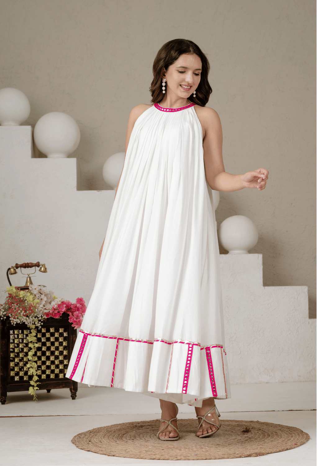 Meher White Pure Mul Cotton Full Flare Halter Neck Dress with Pink Lace Detailing