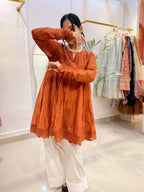 Rust Orange Crinkled Cotton Peplum Kurta Set with White Palazzo