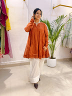 Rust Orange Crinkled Cotton Peplum Kurta Set with White Palazzo