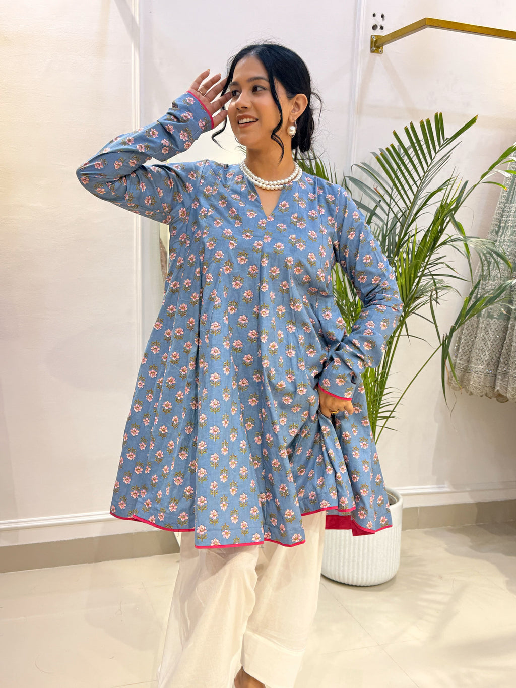 Sky Blue Floral Short Anarkali with Ivory Cotton Farshi Salwar