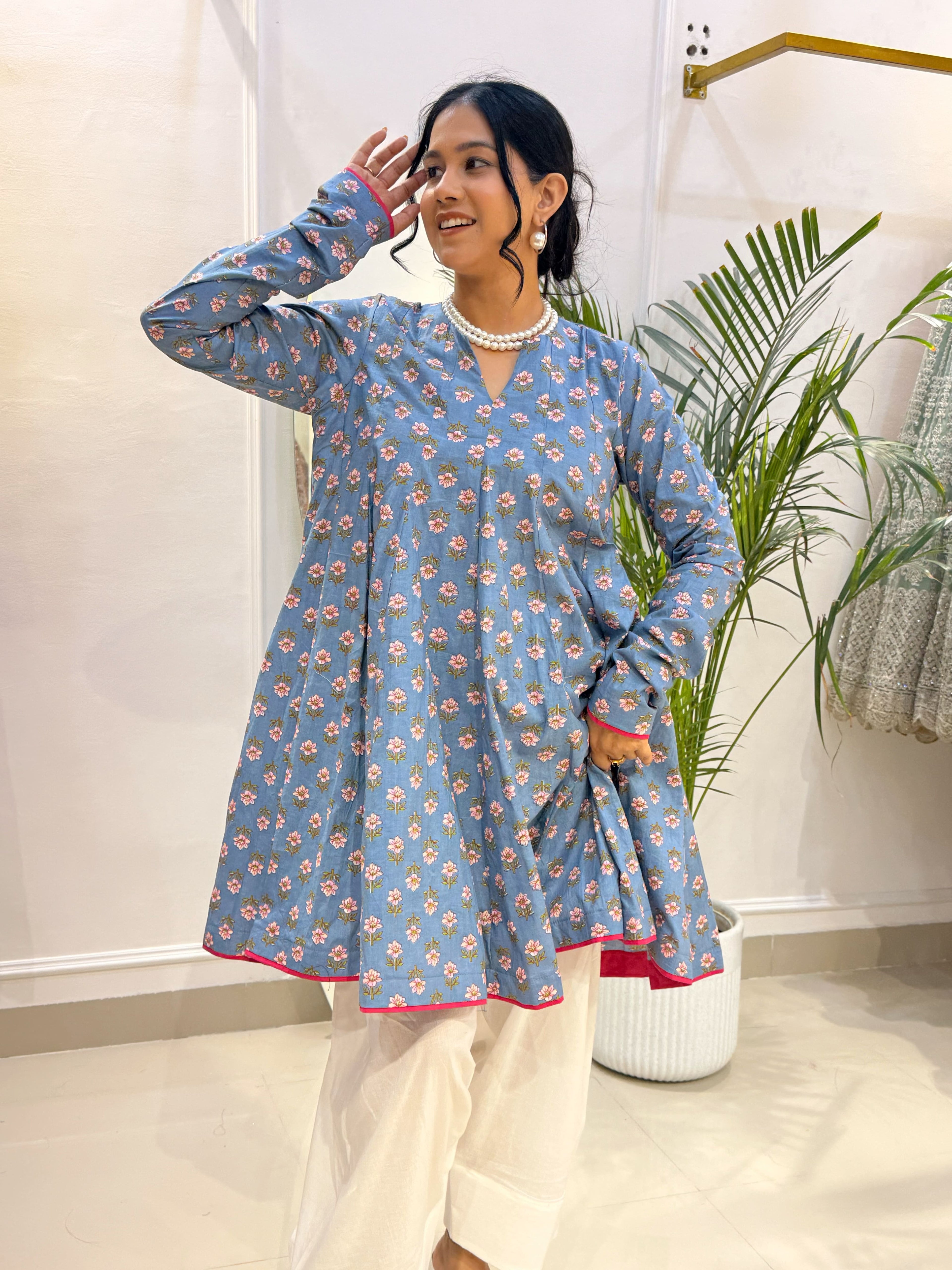 Sky Blue Floral Short Anarkali with Ivory Cotton Farshi Salwar