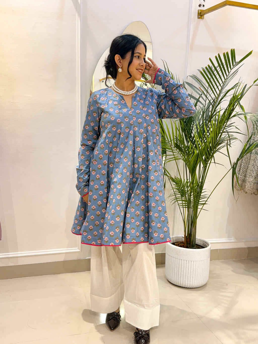Sky Blue Floral Short Anarkali with Ivory Cotton Farshi Salwar