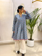 Sky Blue Floral Short Anarkali with Ivory Cotton Farshi Salwar