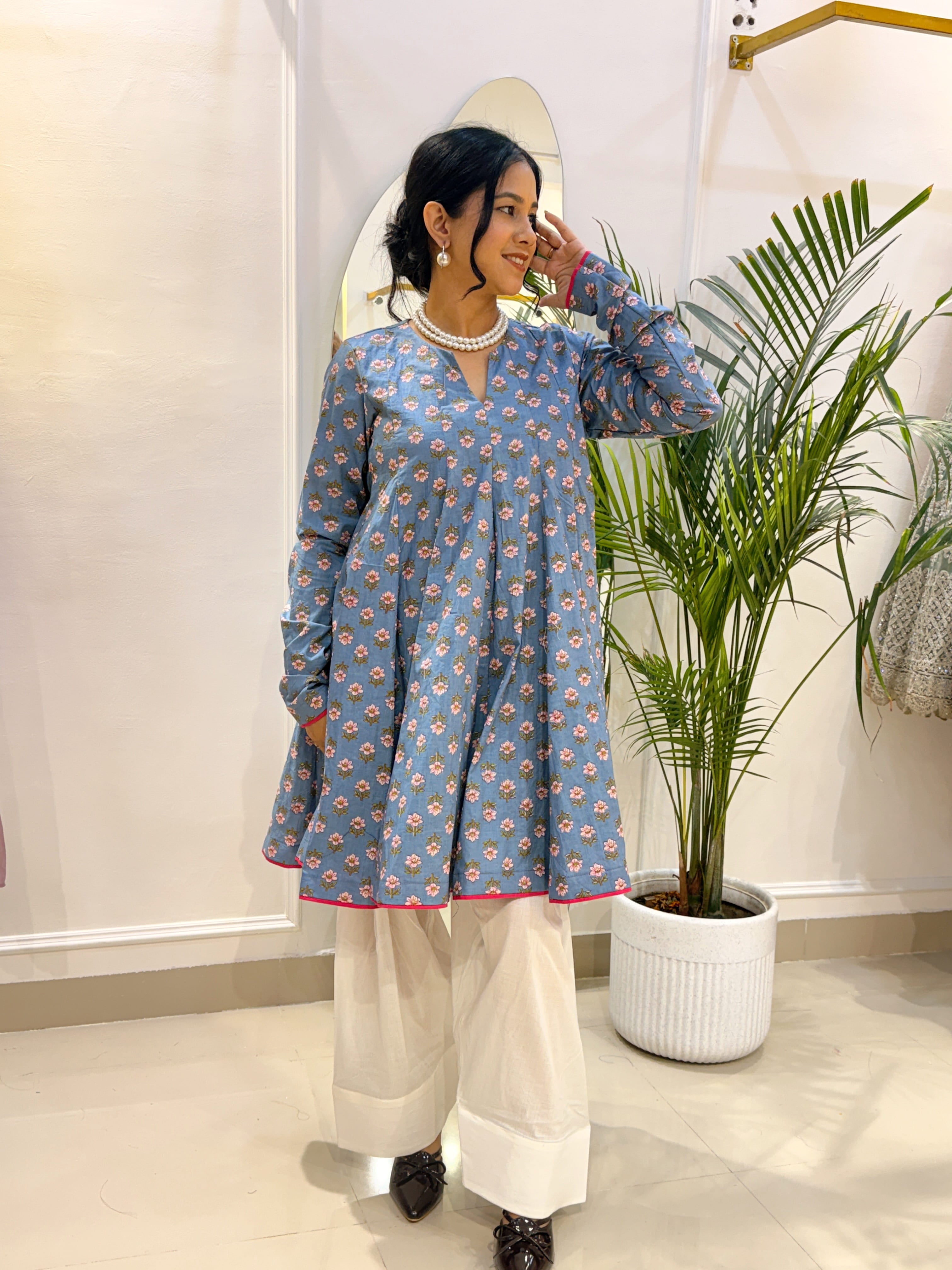 Sky Blue Floral Short Anarkali with Ivory Cotton Farshi Salwar