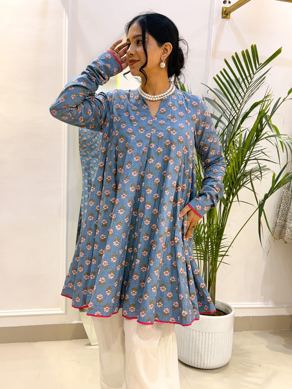 Sky Blue Floral Short Anarkali with Ivory Cotton Farshi Salwar