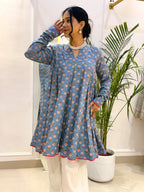 Sky Blue Floral Short Anarkali with Ivory Cotton Farshi Salwar