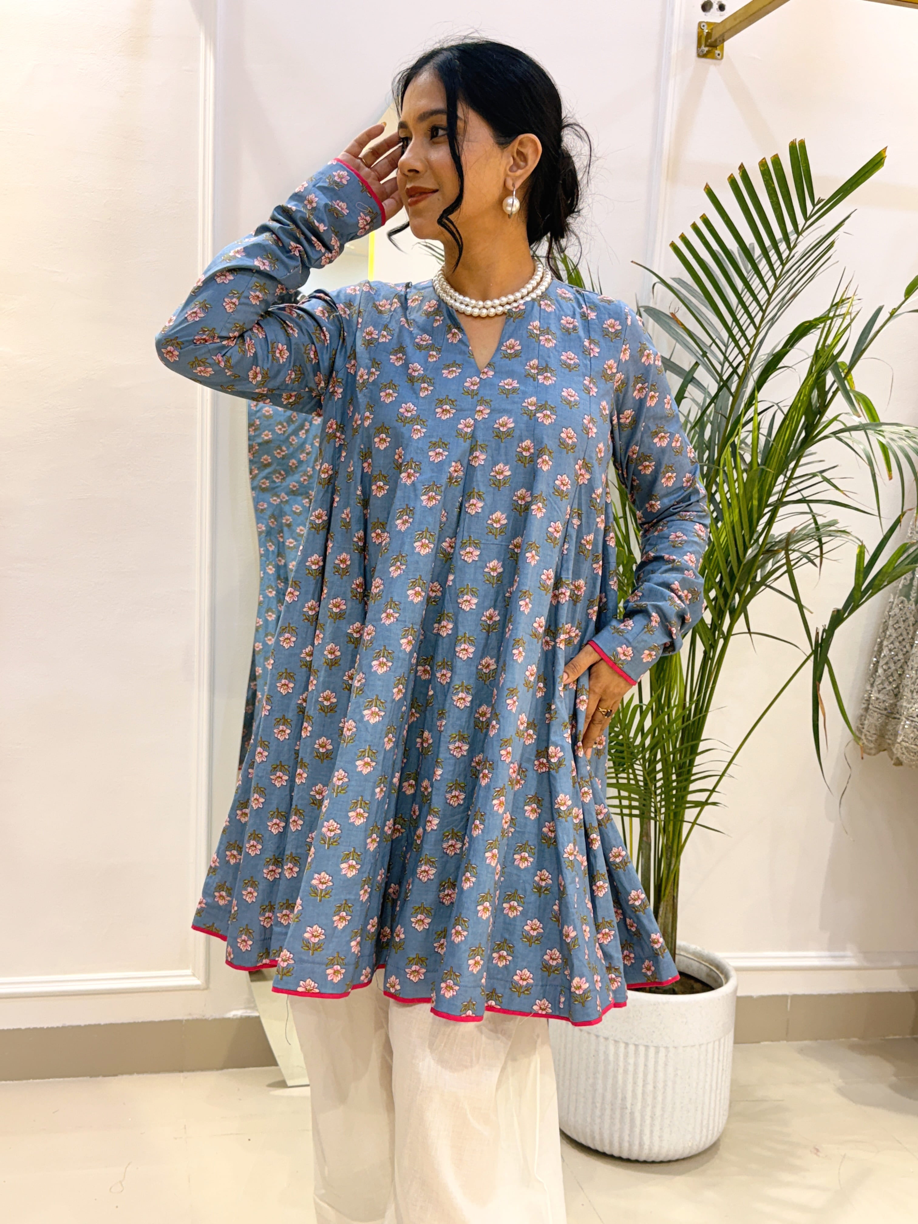 Sky Blue Floral Short Anarkali with Ivory Cotton Farshi Salwar