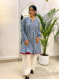 Sky Blue Floral Short Anarkali with Ivory Cotton Farshi Salwar