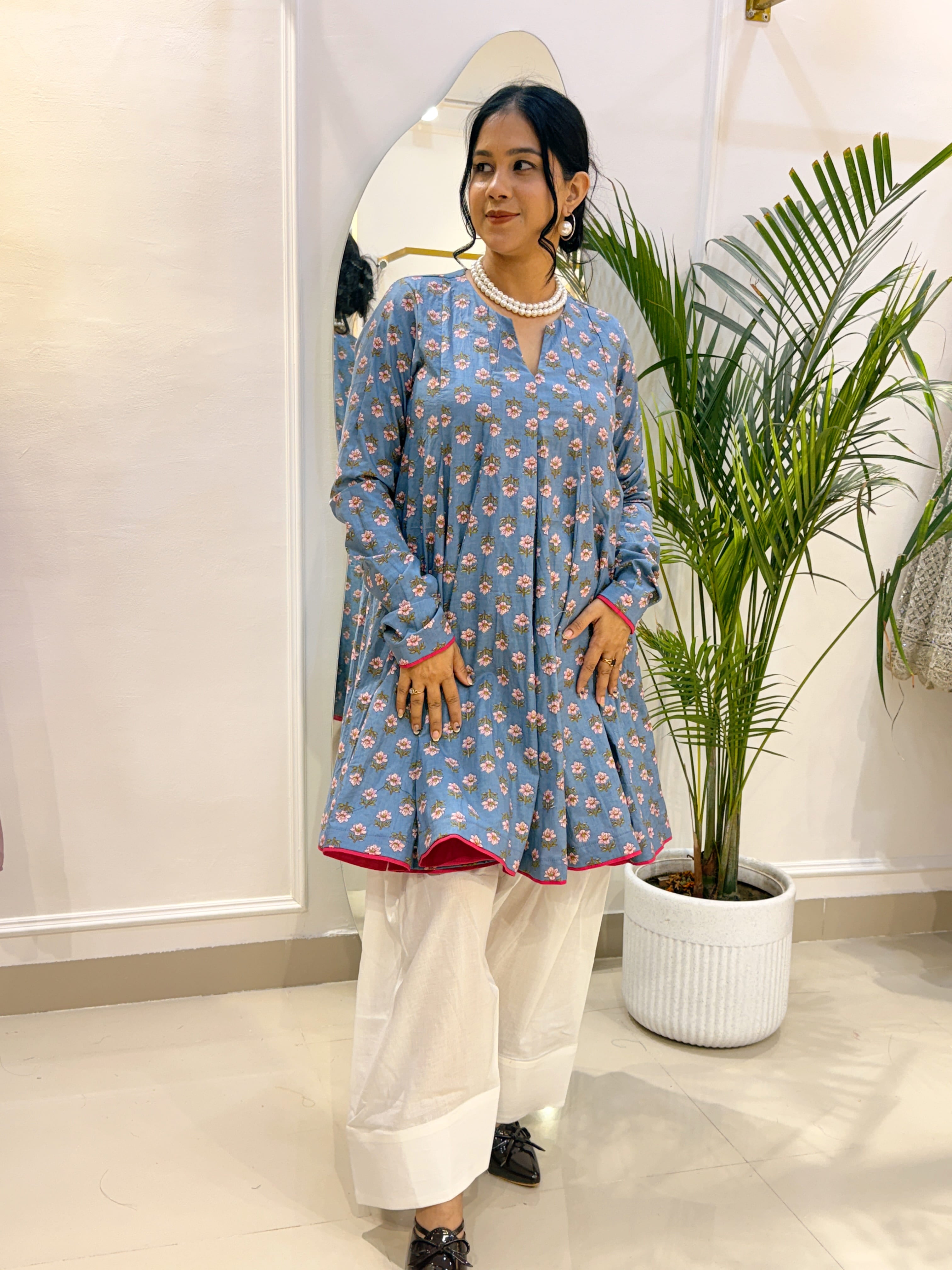 Sky Blue Floral Short Anarkali with Ivory Cotton Farshi Salwar