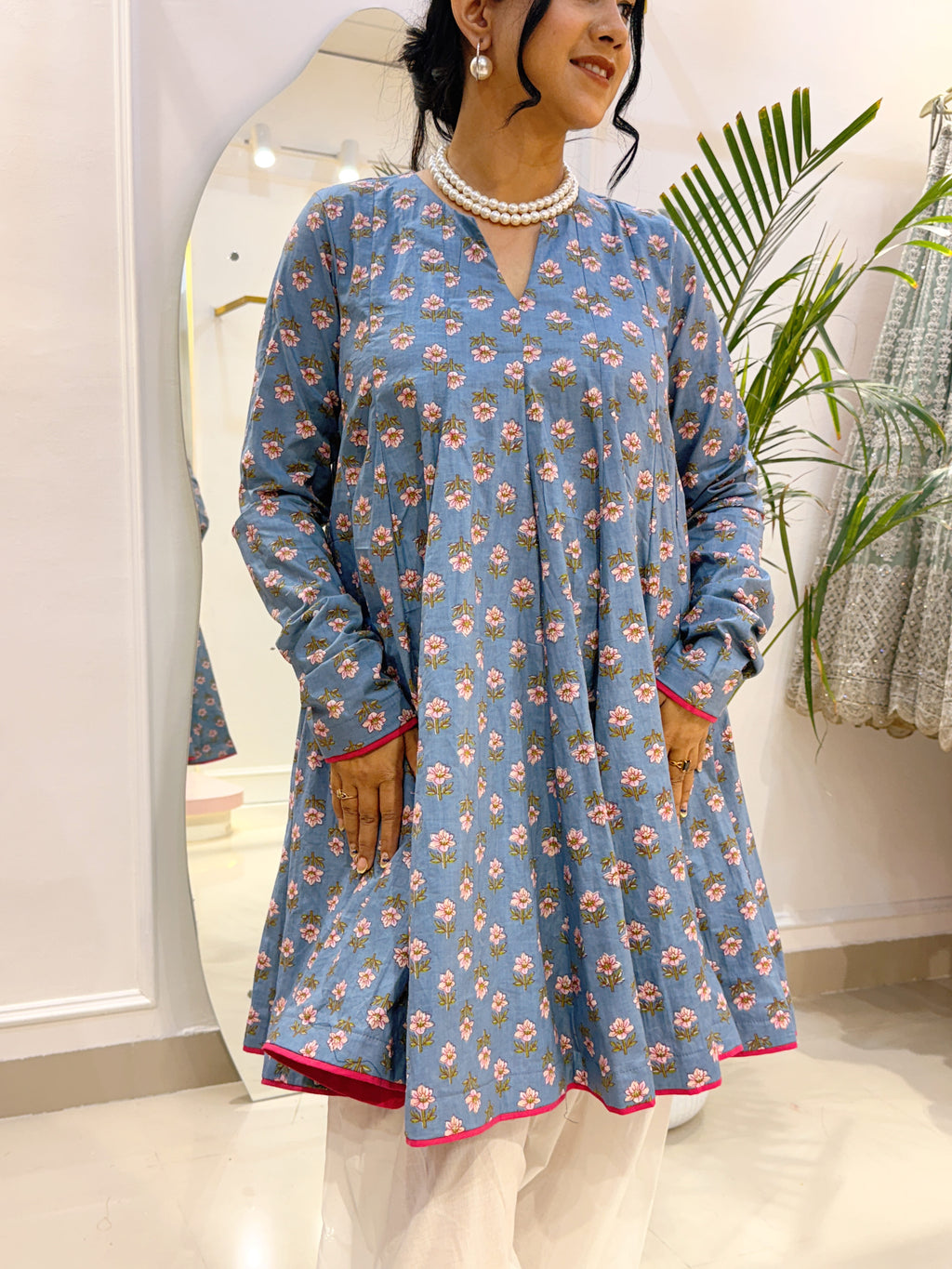 Sky Blue Floral Short Anarkali with Ivory Cotton Farshi Salwar