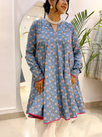 Sky Blue Floral Short Anarkali with Ivory Cotton Farshi Salwar