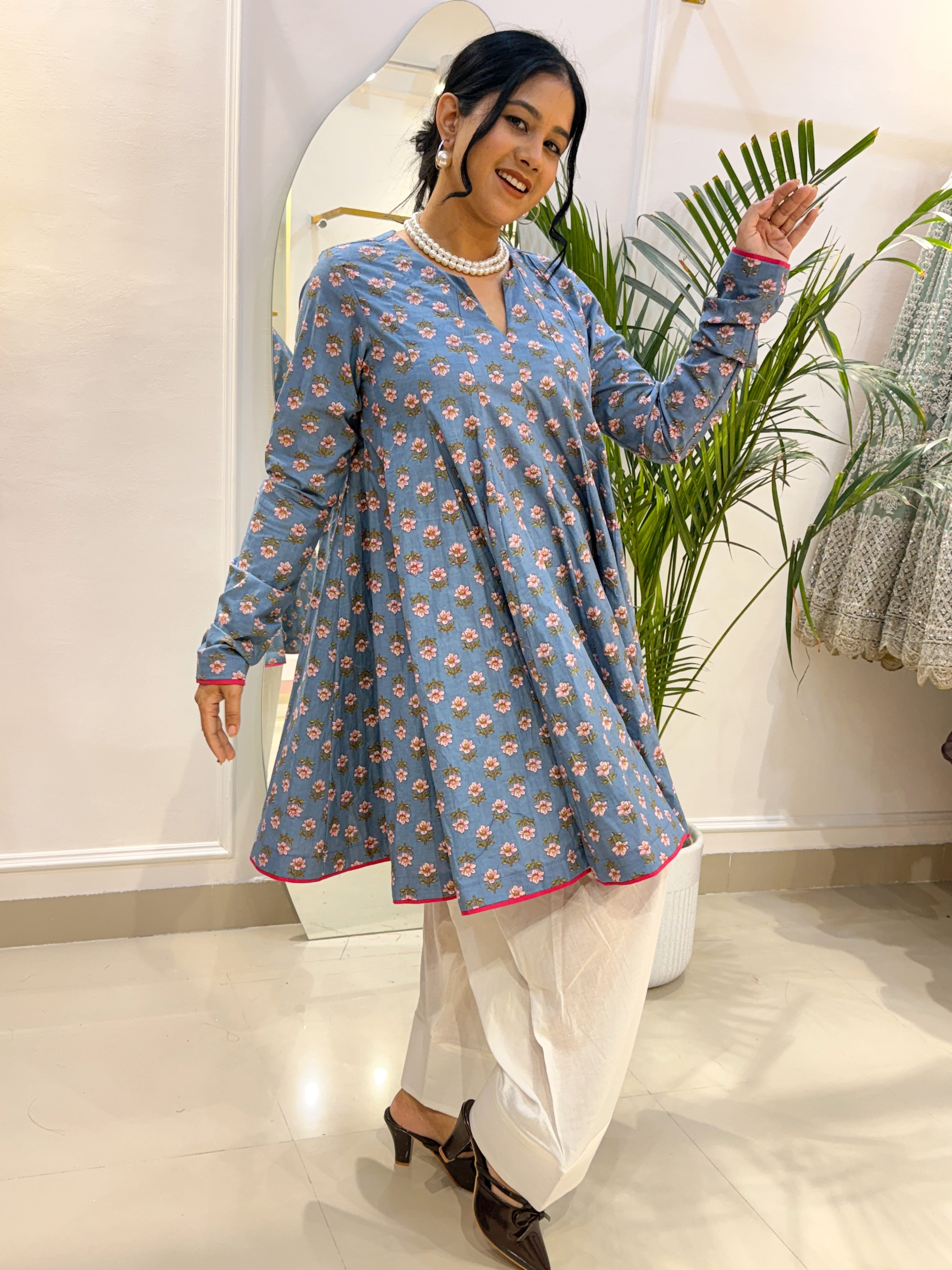 Sky Blue Floral Short Anarkali with Ivory Cotton Farshi Salwar