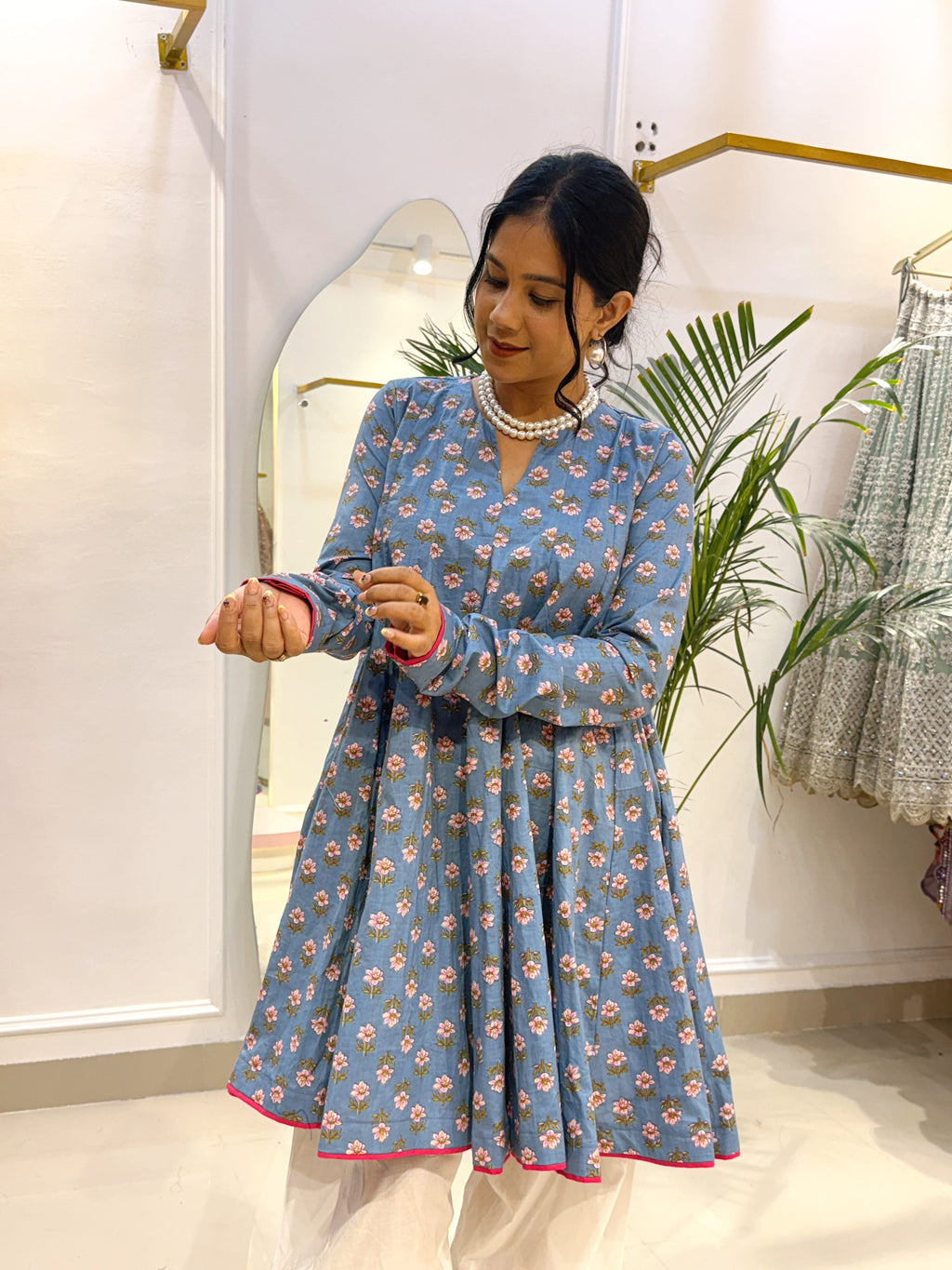 Sky Blue Floral Short Anarkali with Ivory Cotton Farshi Salwar