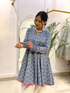 Sky Blue Floral Short Anarkali with Ivory Cotton Farshi Salwar