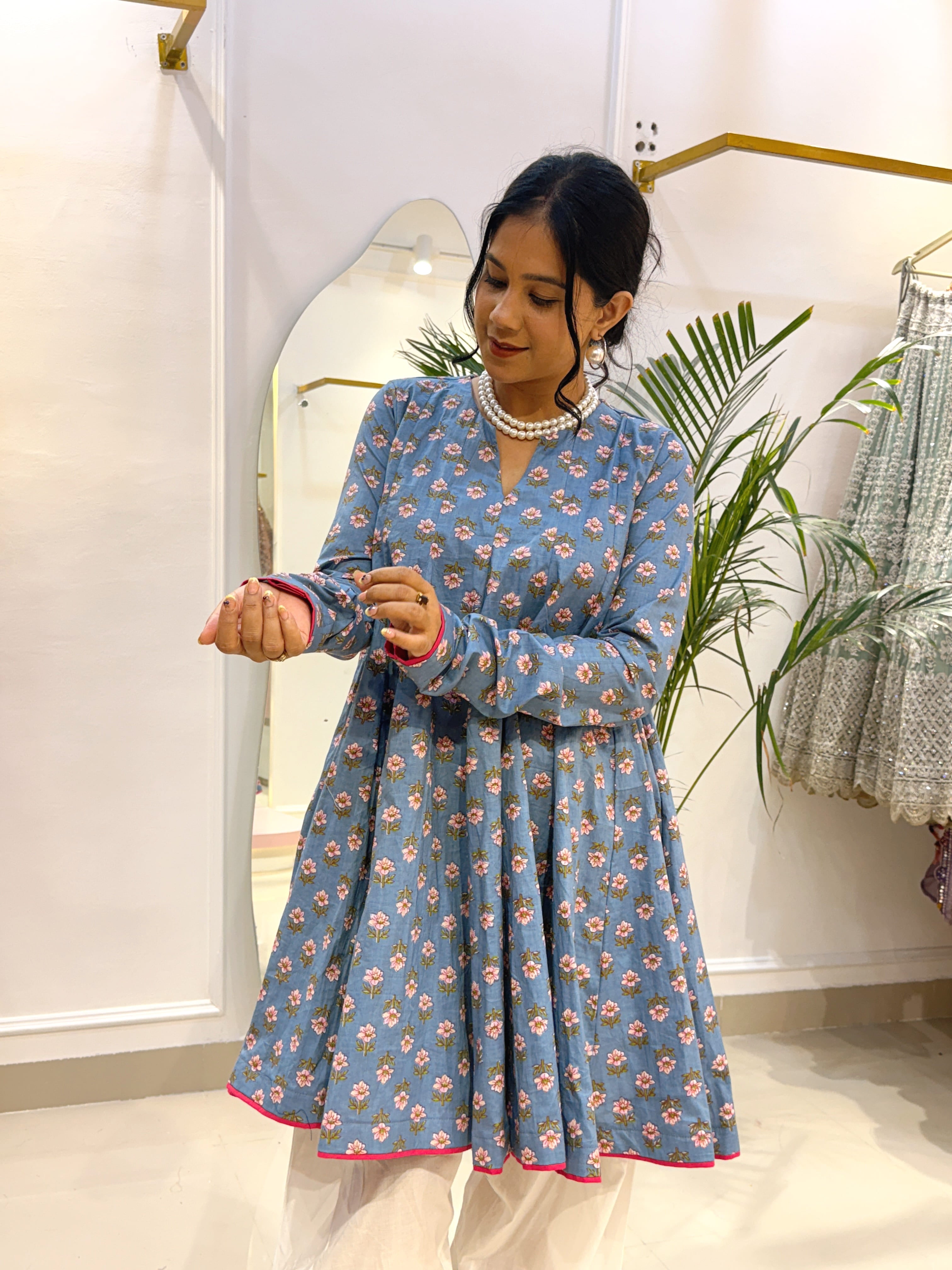 Sky Blue Floral Short Anarkali with Ivory Cotton Farshi Salwar