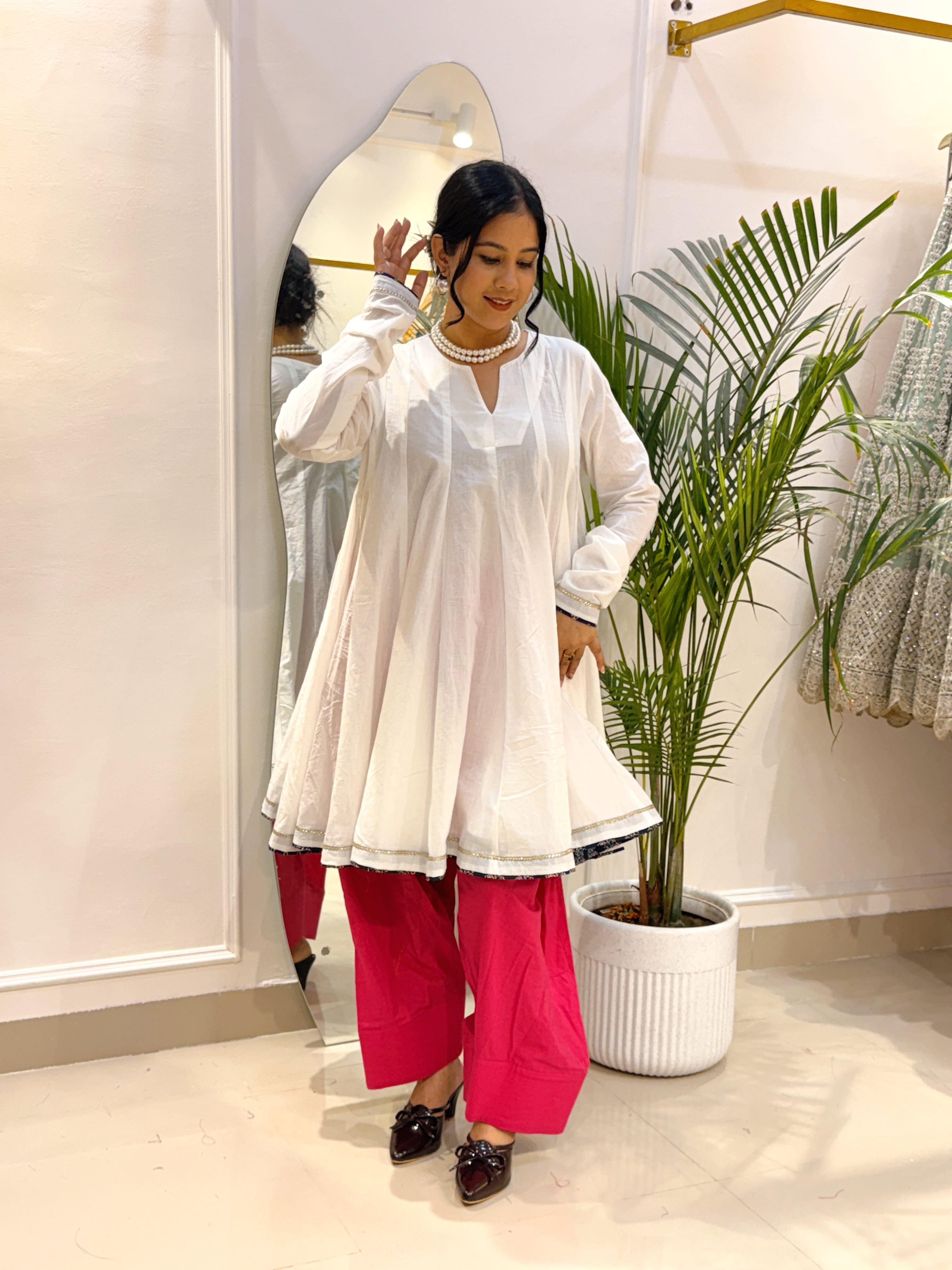 Ivory White Short Anarkali with Rani Pink Cotton Farshi Salwar