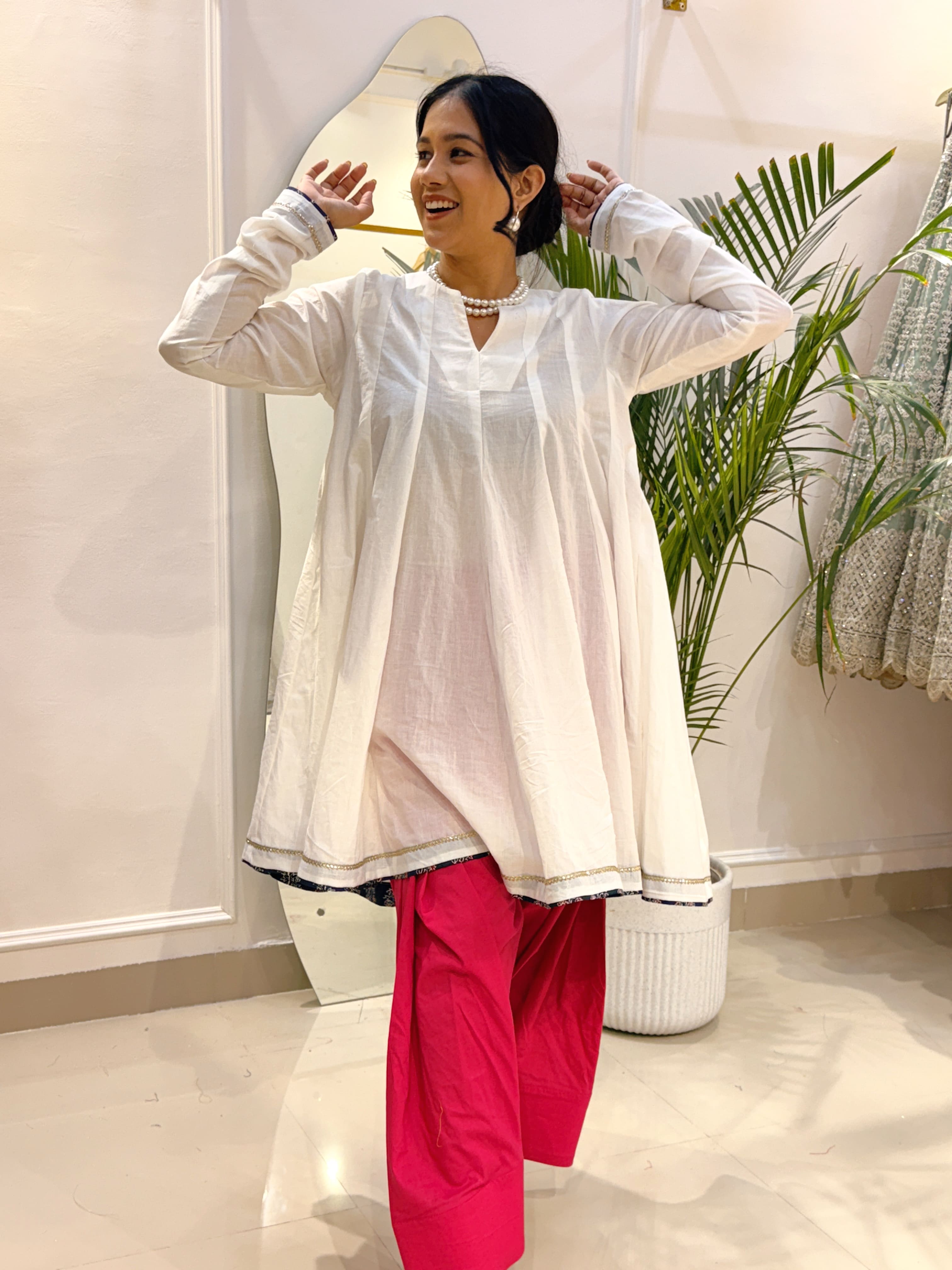 Ivory White Short Anarkali with Rani Pink Cotton Farshi Salwar
