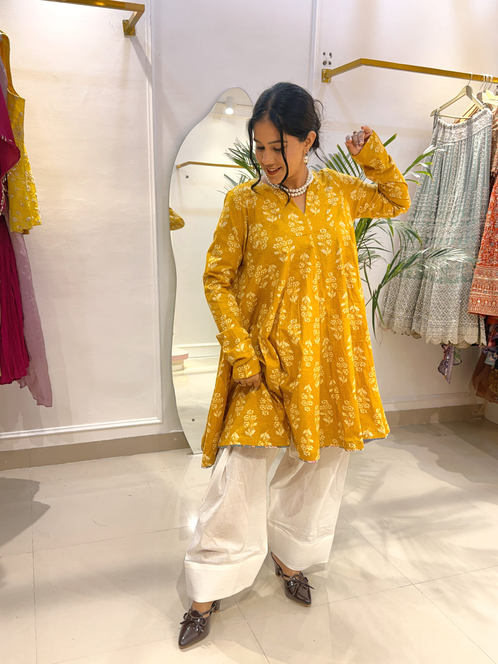 Mustard Yellow Floral Short Anarkali with Ivory Cotton Farshi Salwar