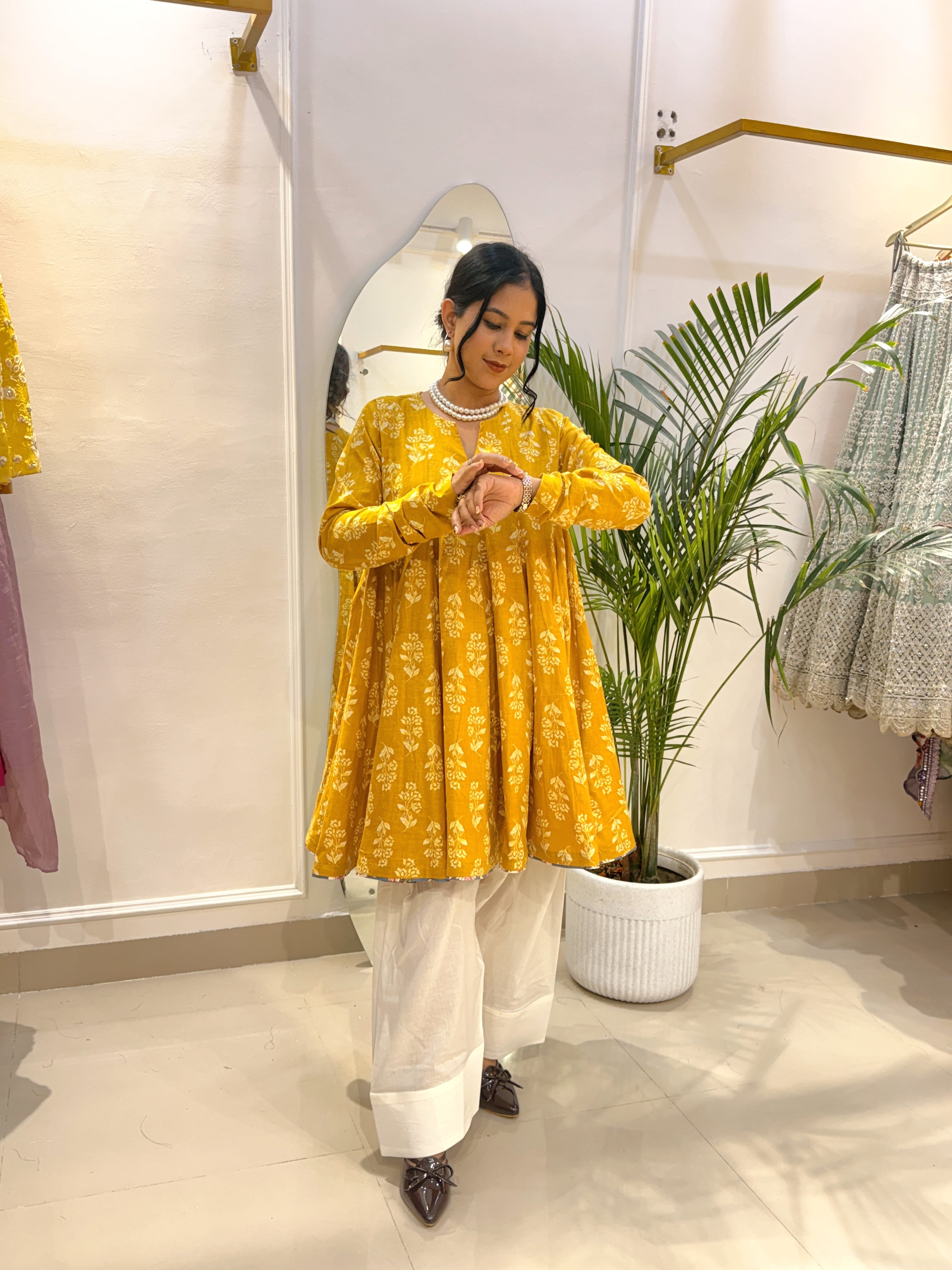 Mustard Yellow Floral Short Anarkali with Ivory Cotton Farshi Salwar