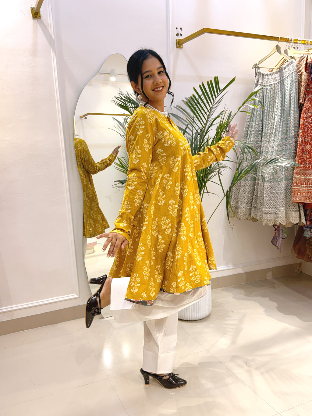 Mustard Yellow Floral Short Anarkali with Ivory Cotton Farshi Salwar