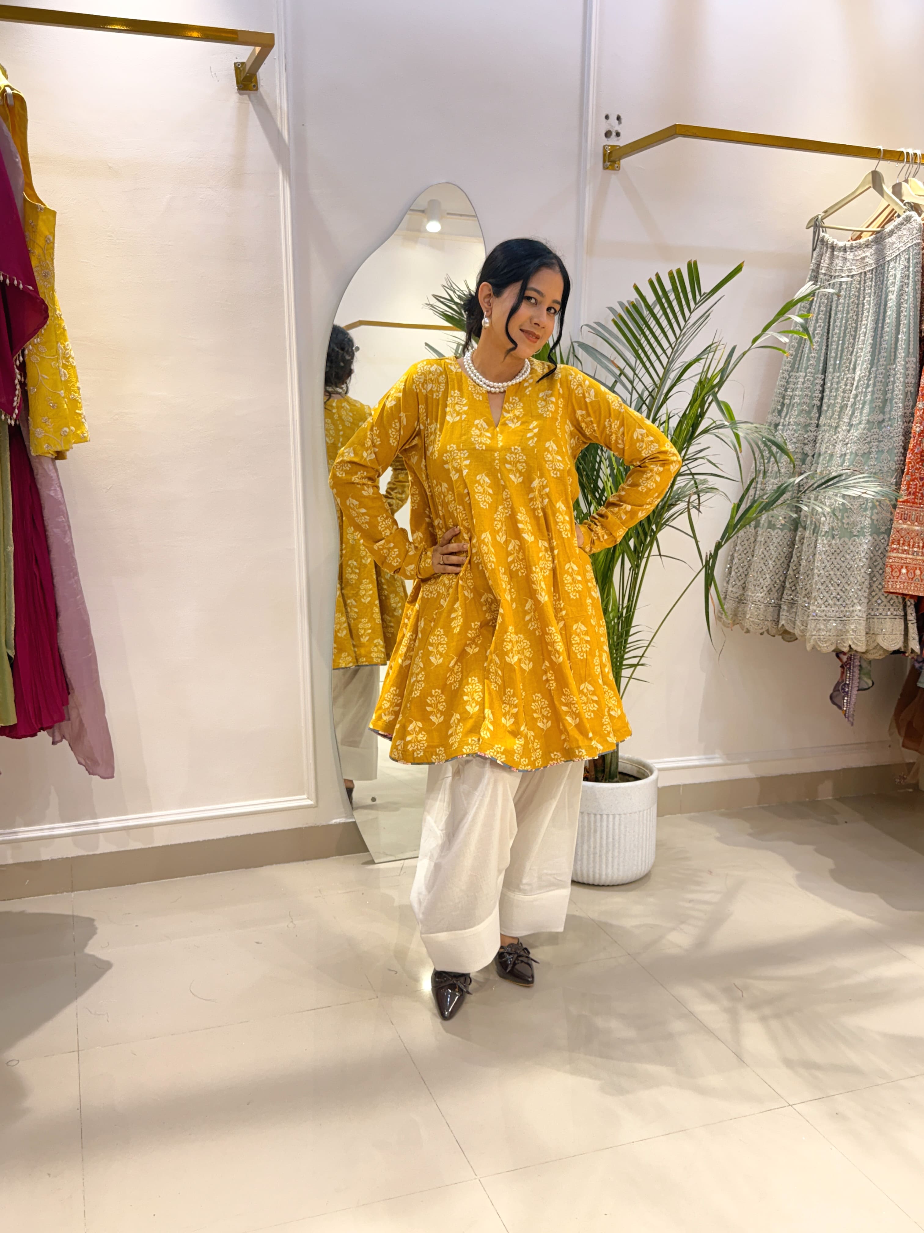 Mustard Yellow Floral Short Anarkali with Ivory Cotton Farshi Salwar