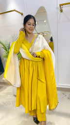 Sunshine Yellow Cotton Suit Set with Shaded Organza Dupatta