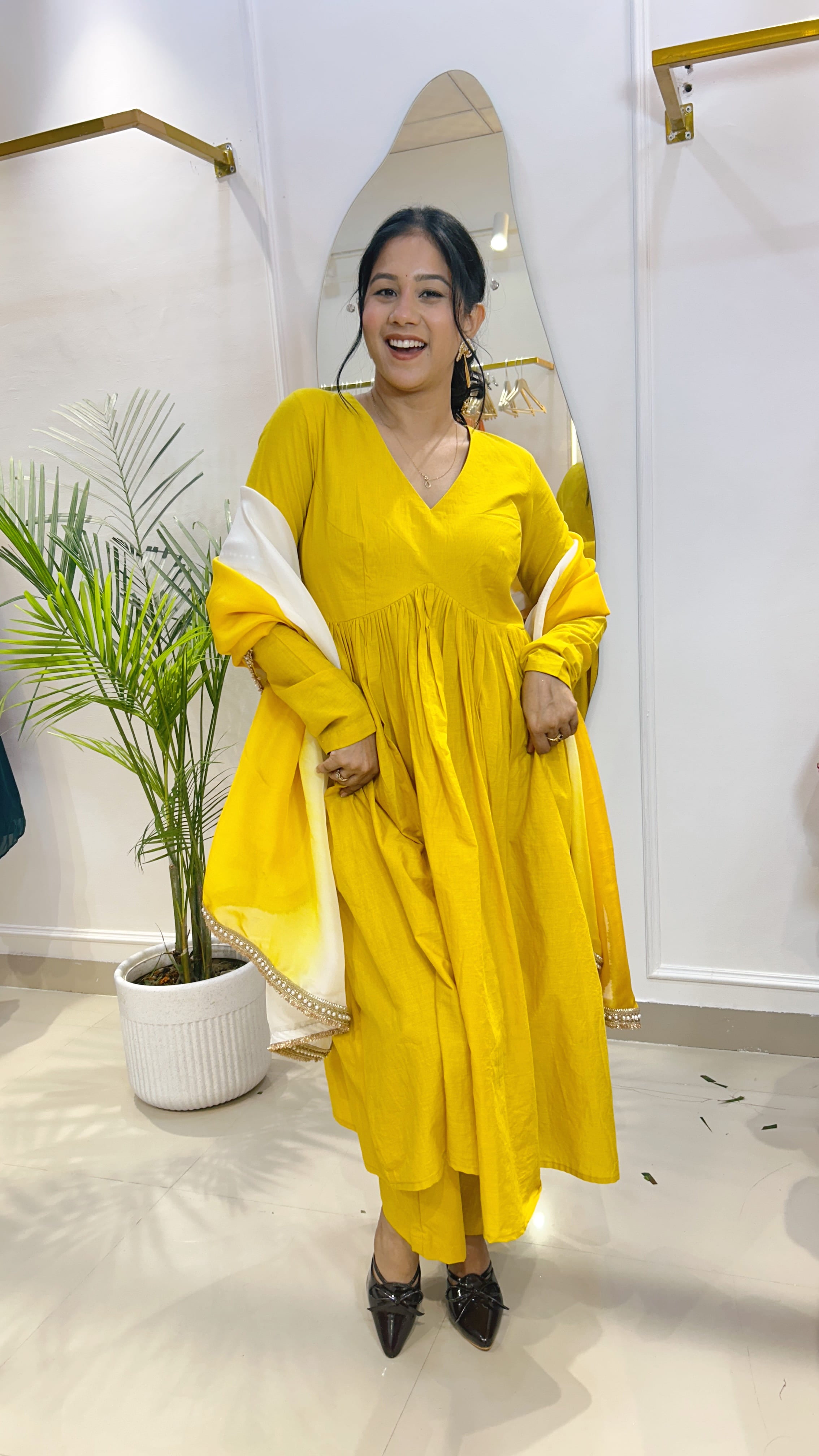 Sunshine Yellow Cotton Suit Set with Shaded Organza Dupatta