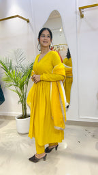 Sunshine Yellow Cotton Suit Set with Shaded Organza Dupatta