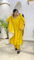 Sunshine Yellow Cotton Suit Set with Shaded Organza Dupatta
