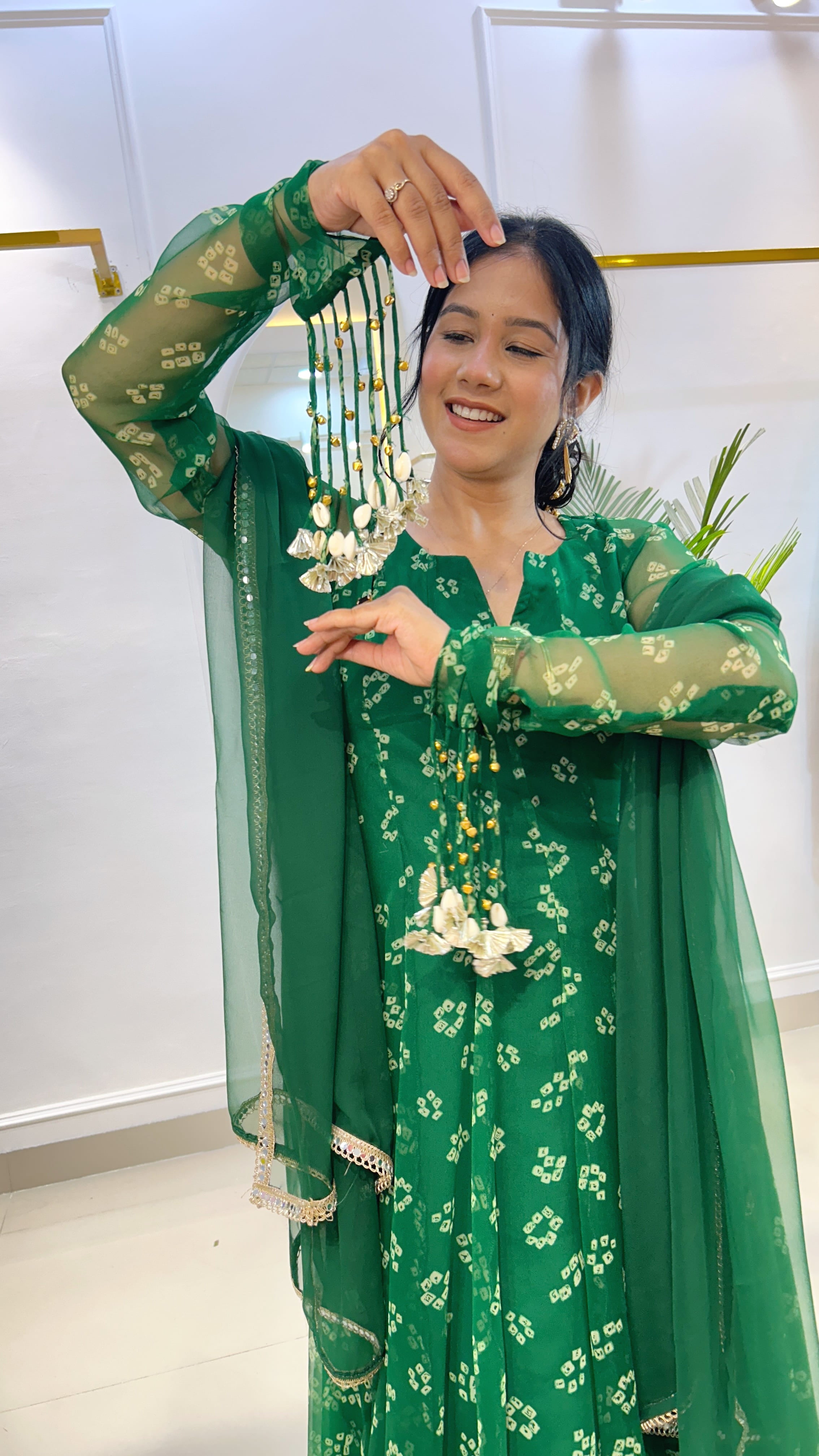Emerald Bandhej Chiffon Georgette Suit Set with Umbrella Flare Palazzo