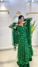 Emerald Bandhej Chiffon Georgette Suit Set with Umbrella Flare Palazzo