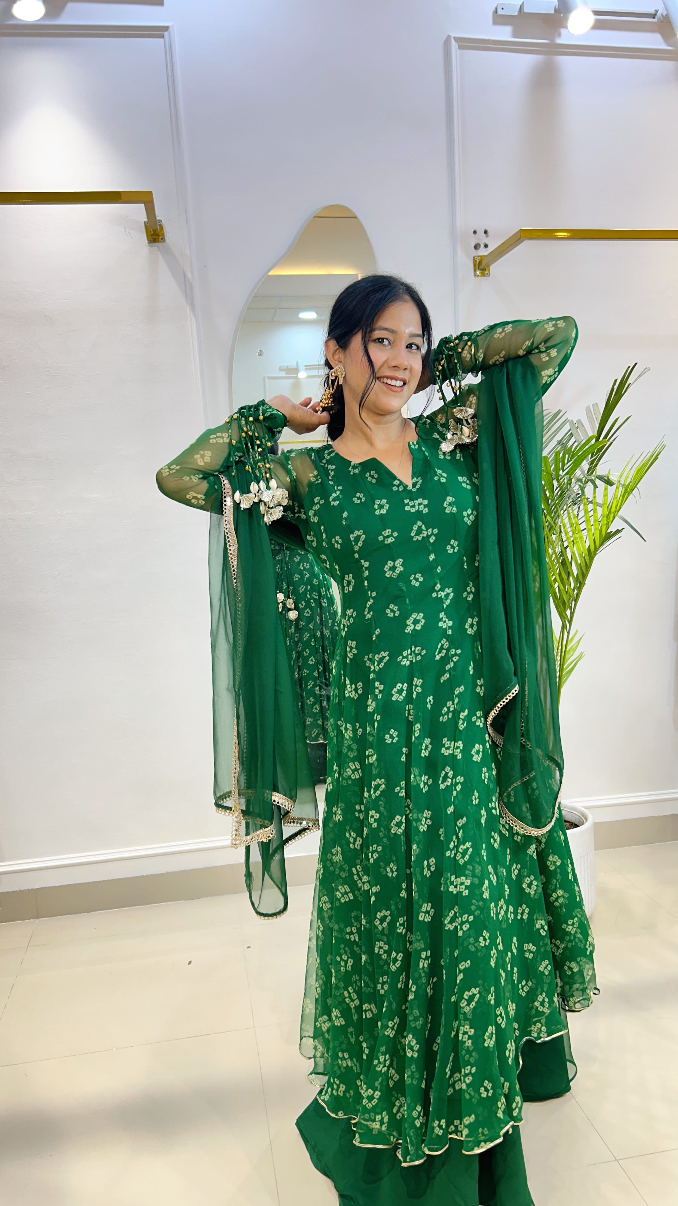 Emerald Bandhej Chiffon Georgette Suit Set with Umbrella Flare Palazzo