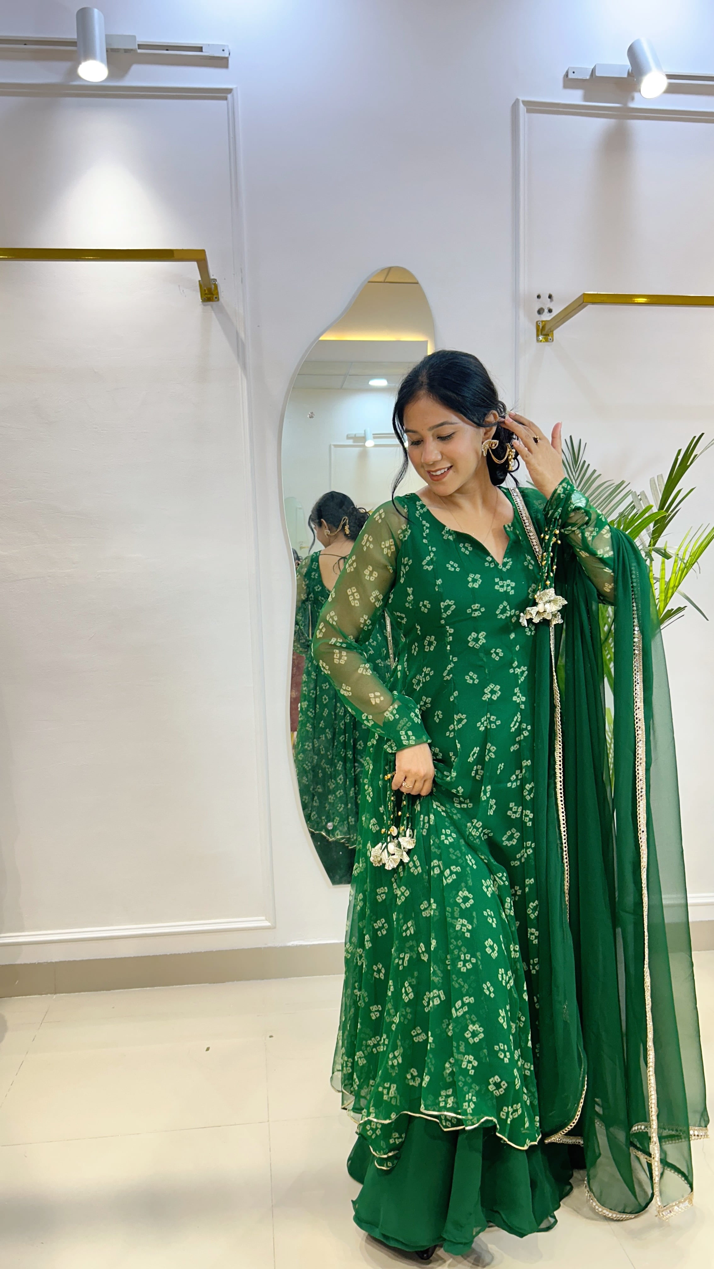Emerald Bandhej Chiffon Georgette Suit Set with Umbrella Flare Palazzo