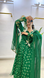 Emerald Bandhej Chiffon Georgette Suit Set with Umbrella Flare Palazzo
