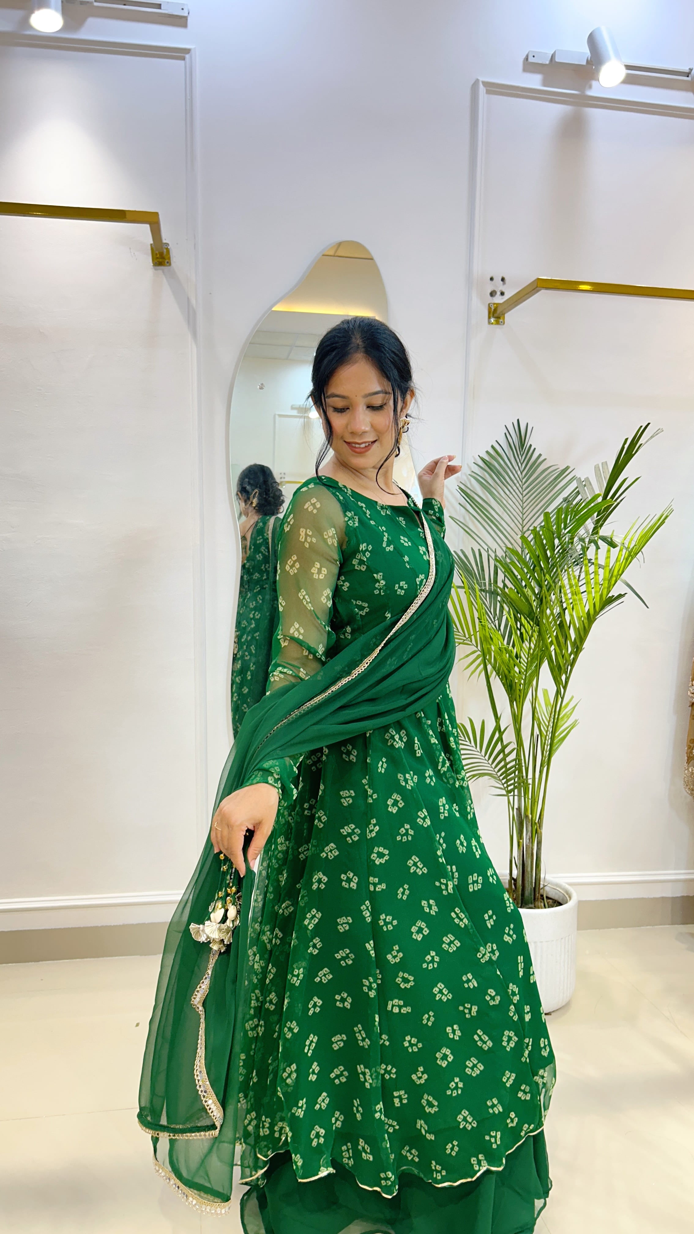 Emerald Bandhej Chiffon Georgette Suit Set with Umbrella Flare Palazzo