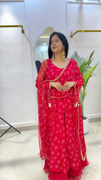 Red Bandhej Chiffon Georgette Suit Set with Umbrella Flare Palazzo