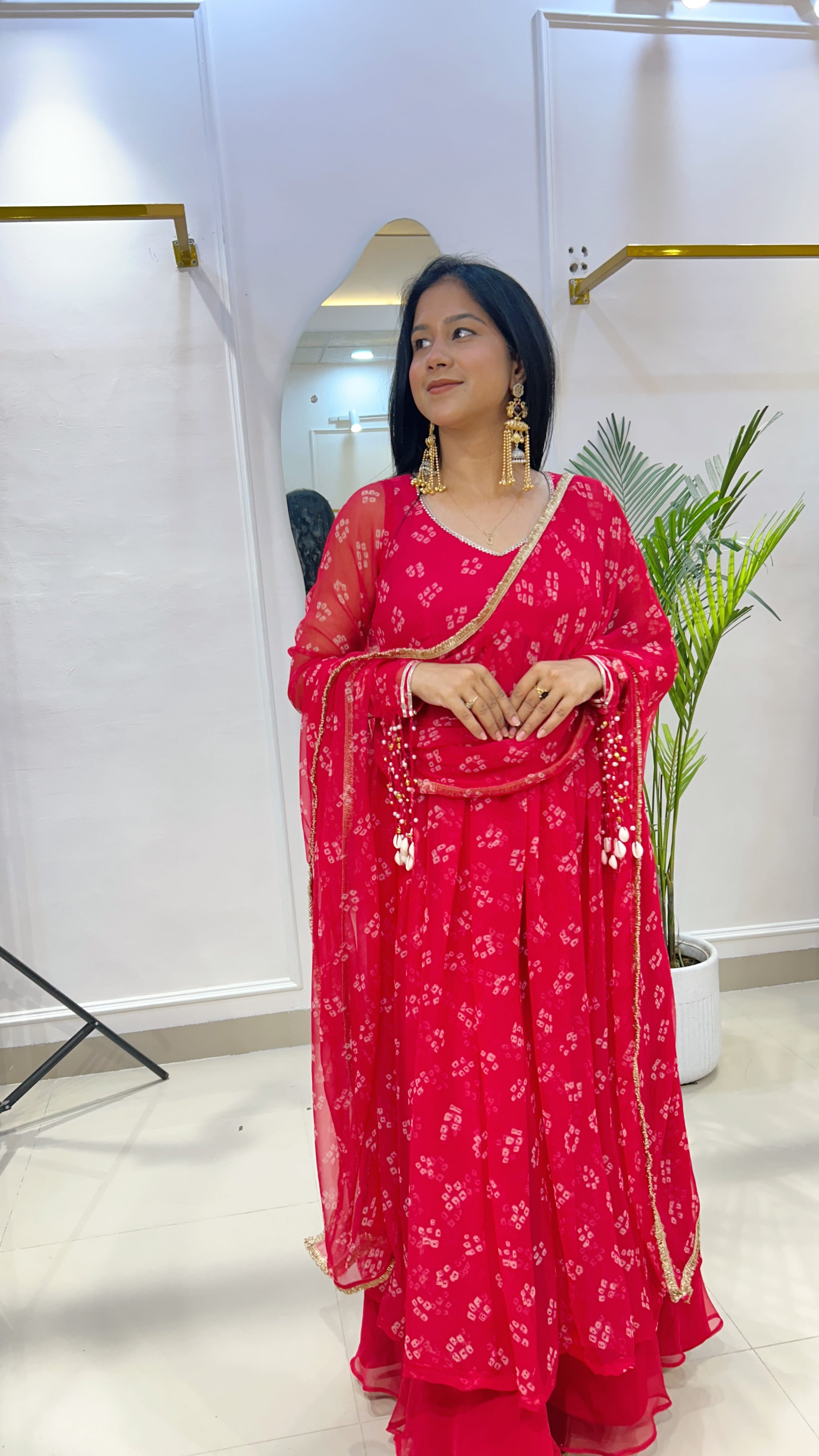 Red Bandhej Chiffon Georgette Suit Set with Umbrella Flare Palazzo