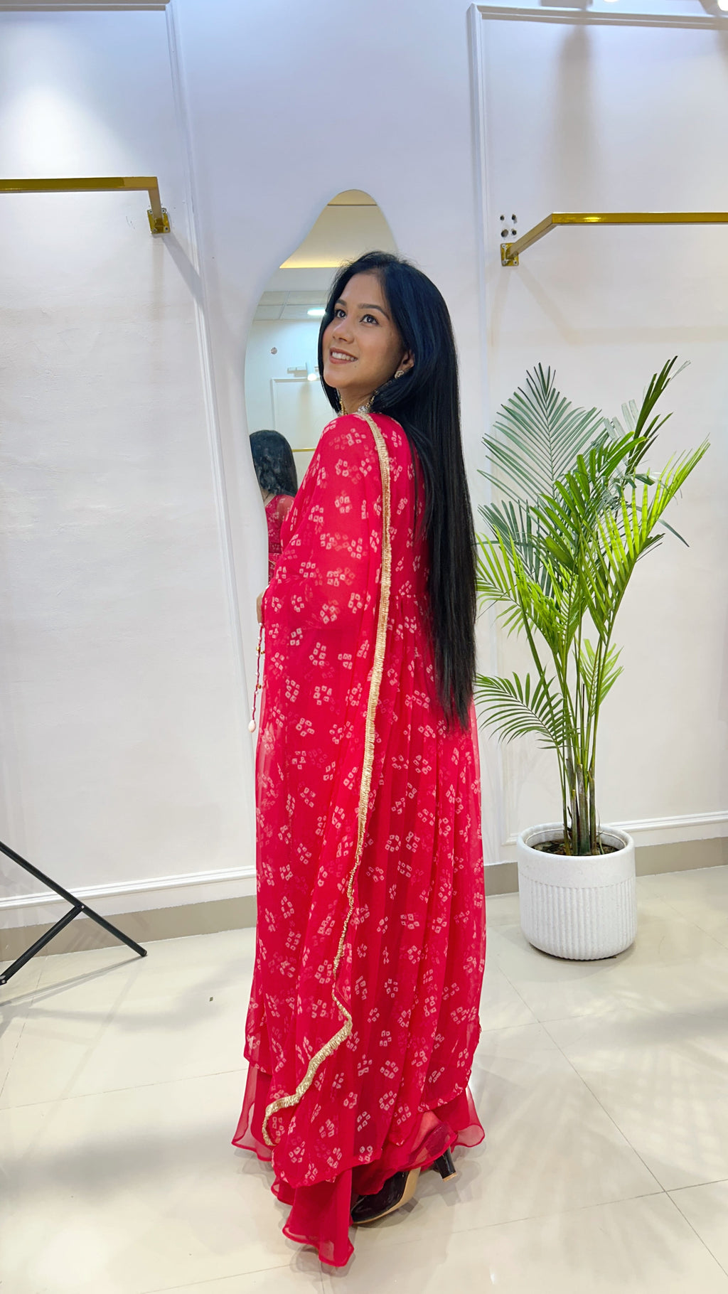 Red Bandhej Chiffon Georgette Suit Set with Umbrella Flare Palazzo