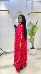 Red Bandhej Chiffon Georgette Suit Set with Umbrella Flare Palazzo