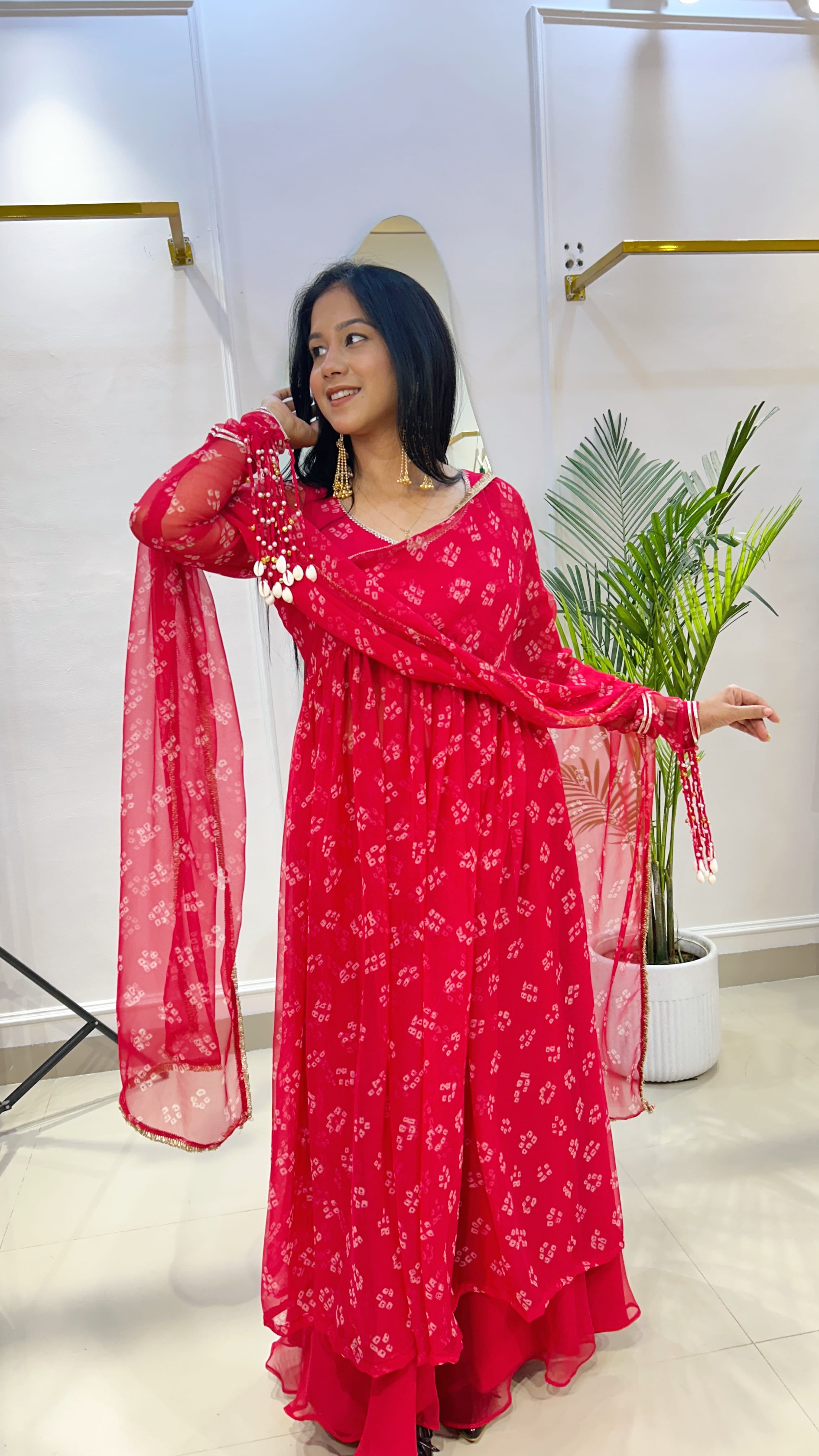 Red Bandhej Chiffon Georgette Suit Set with Umbrella Flare Palazzo