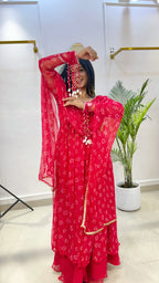 Red Bandhej Chiffon Georgette Suit Set with Umbrella Flare Palazzo