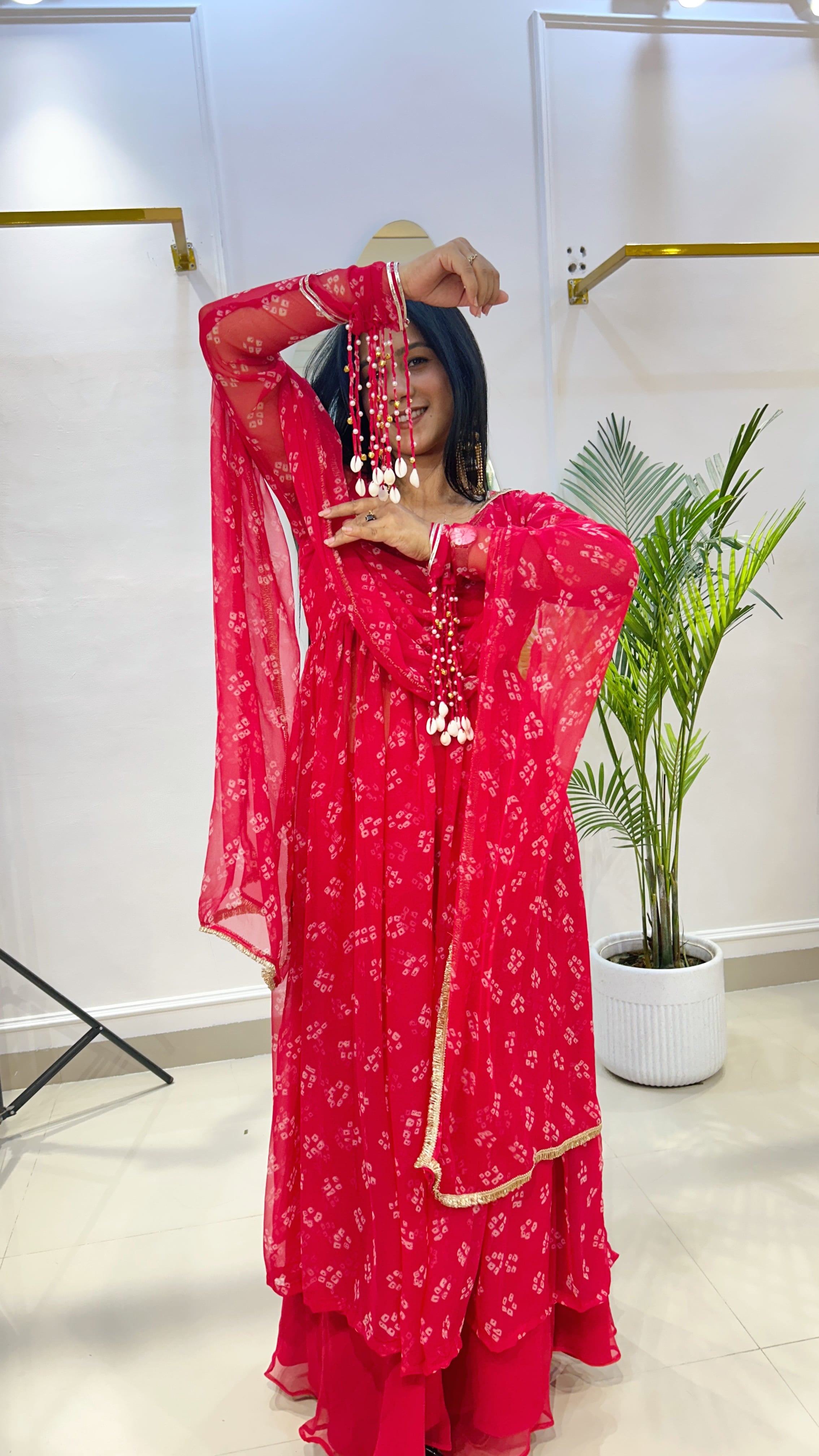 Red Bandhej Chiffon Georgette Suit Set with Umbrella Flare Palazzo