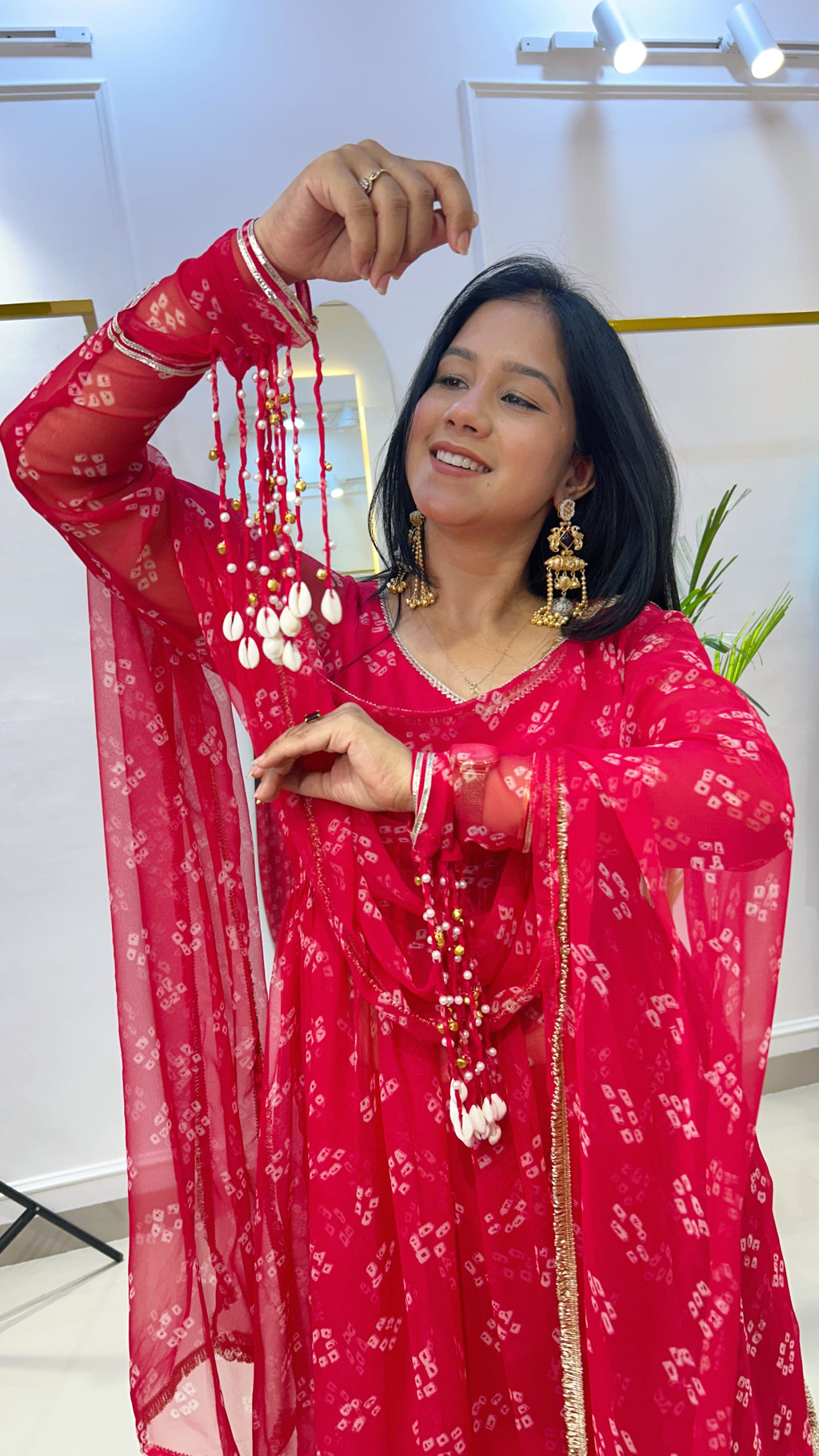 Red Bandhej Chiffon Georgette Suit Set with Umbrella Flare Palazzo