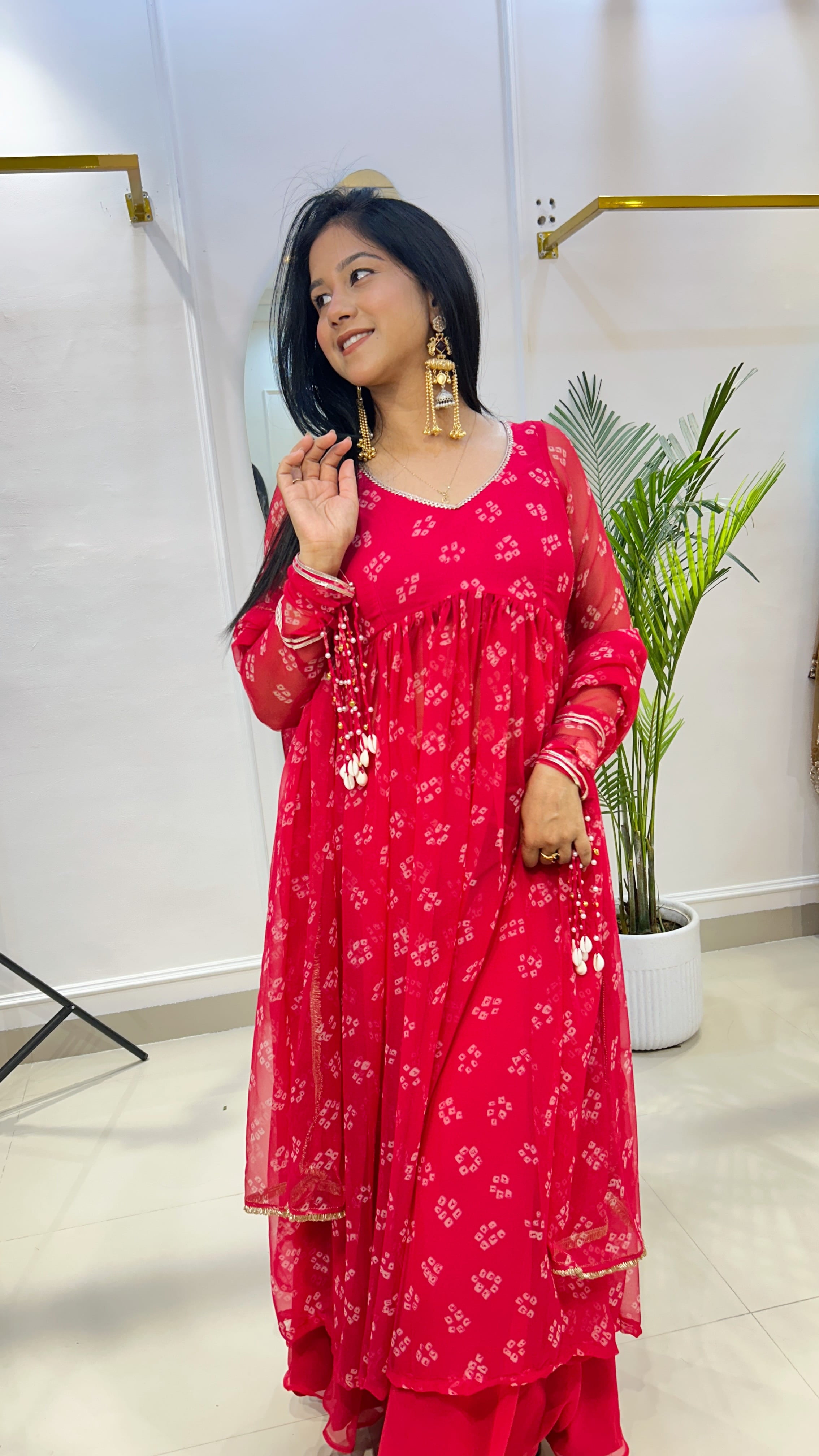 Red Bandhej Chiffon Georgette Suit Set with Umbrella Flare Palazzo