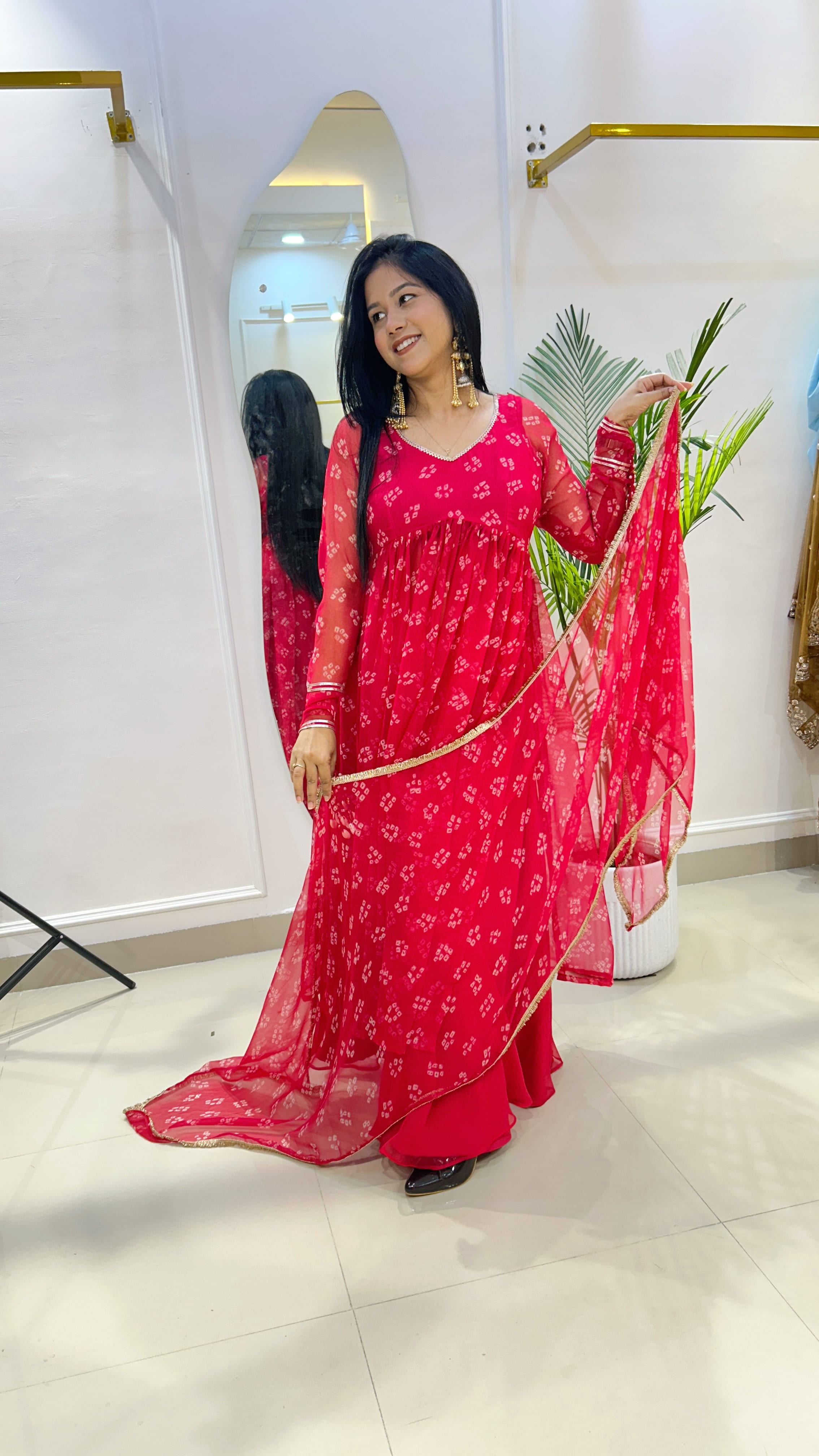 Red Bandhej Chiffon Georgette Suit Set with Umbrella Flare Palazzo
