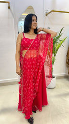 Red Bandhej Half Kaftan Bustier Set with Georgette Umbrella Palazzo