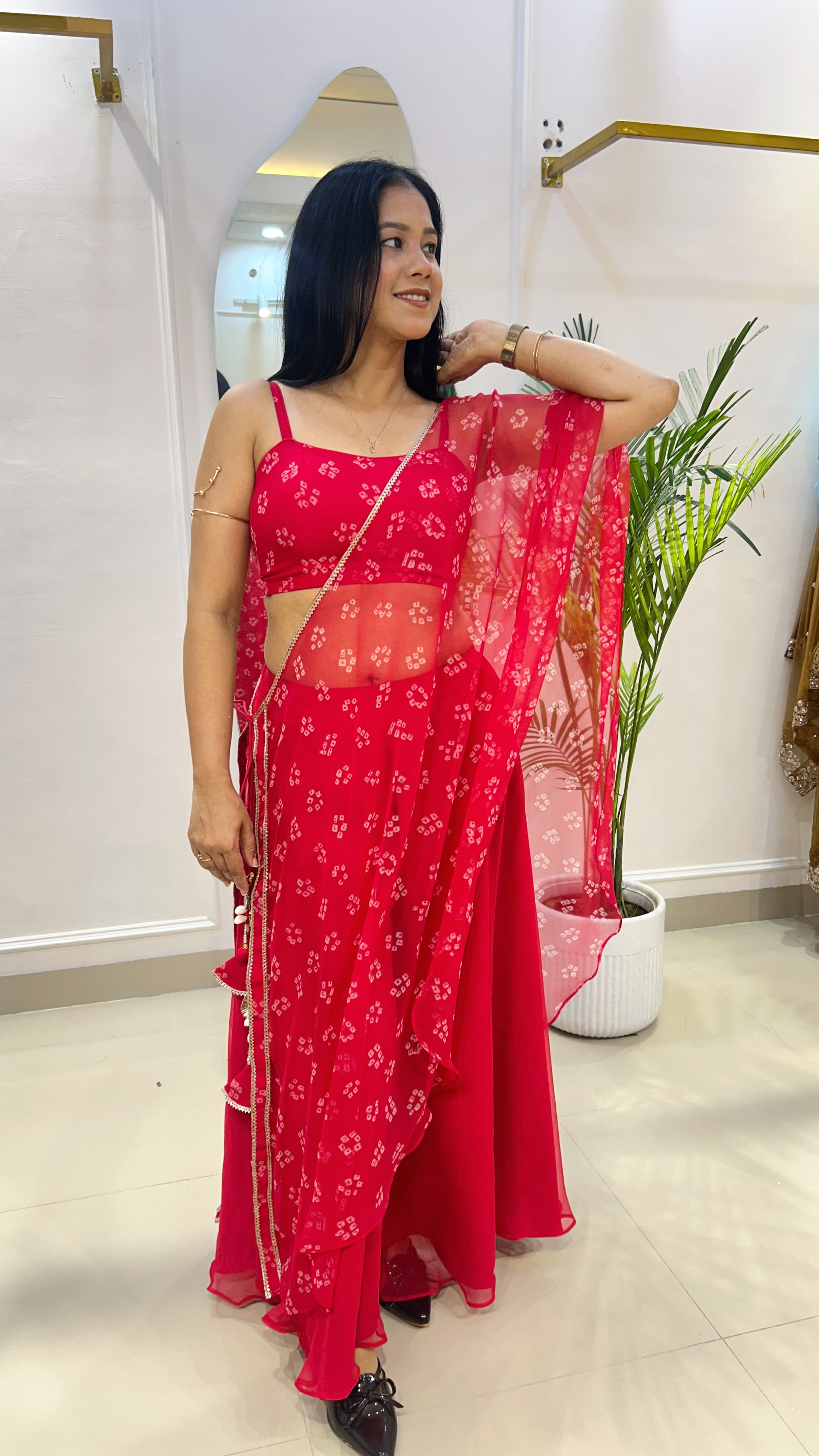 Red Bandhej Half Kaftan Bustier Set with Georgette Umbrella Palazzo