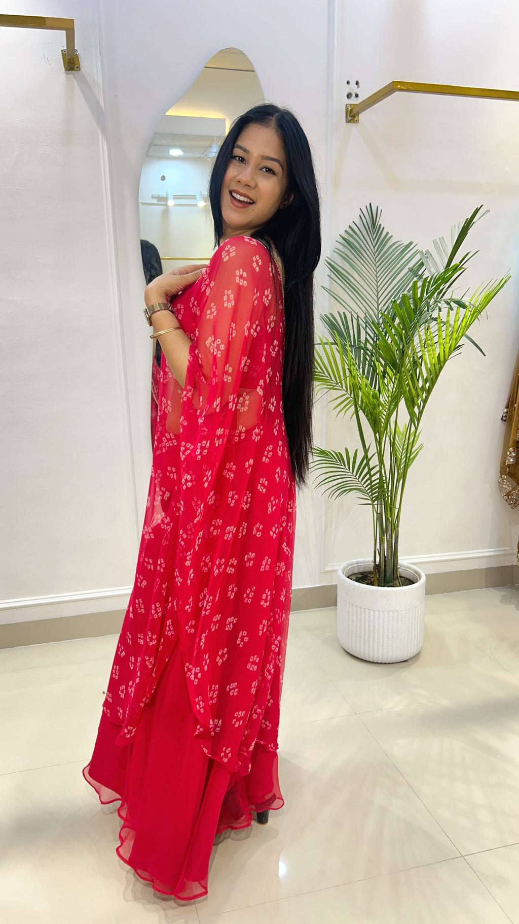 Red Bandhej Half Kaftan Bustier Set with Georgette Umbrella Palazzo